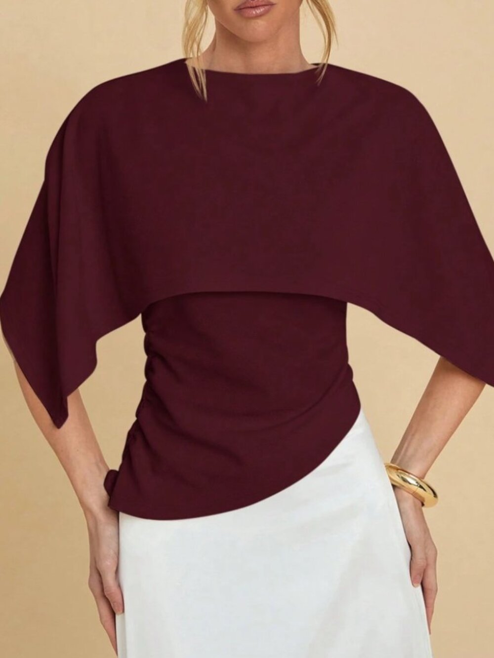 Burgundy Draped Cape Sleeve Top with Ruched Side